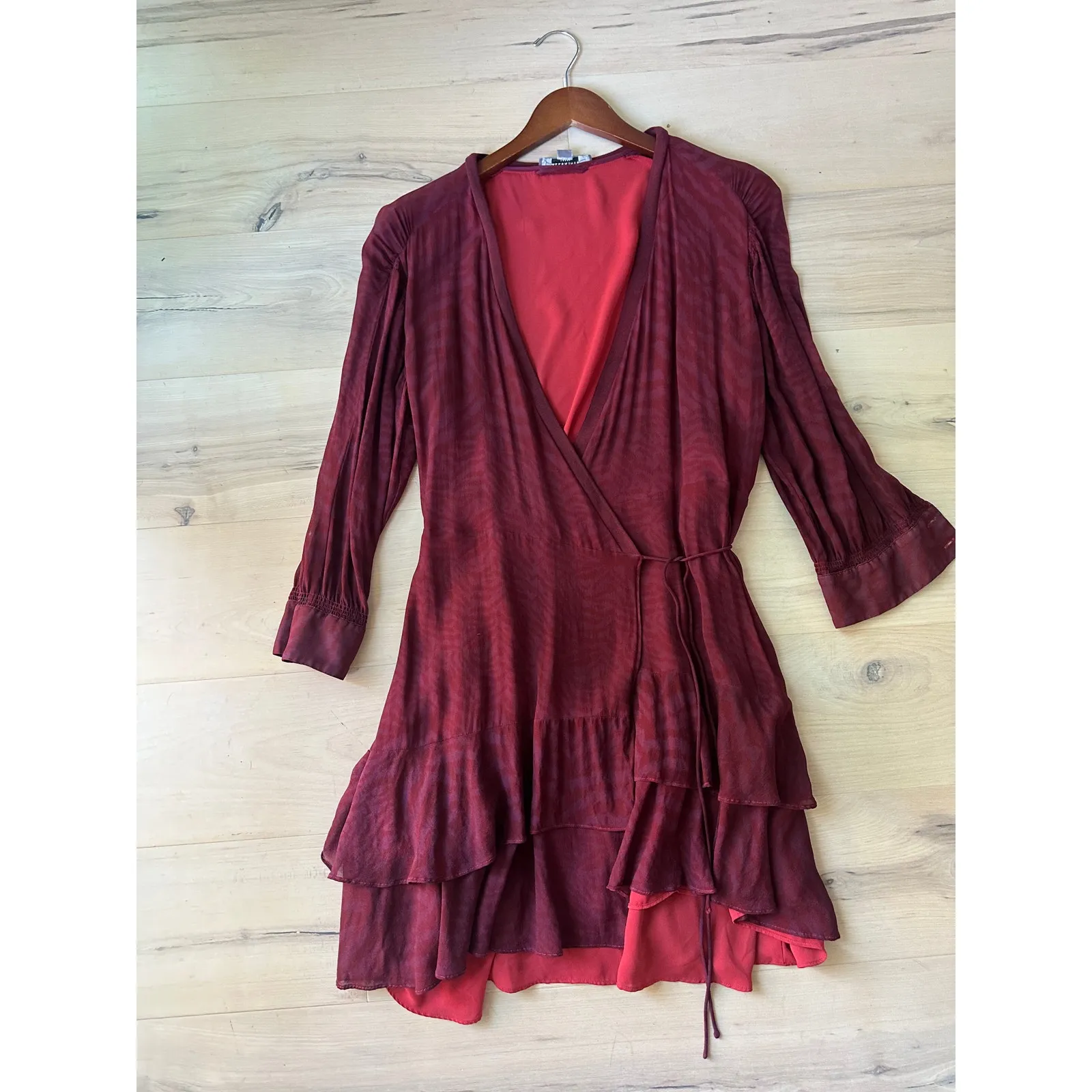 All Saints Silk Animal Print Wrap Dress Mini Burgundy ndy Modern Size 6 ruffles Black - Image 2