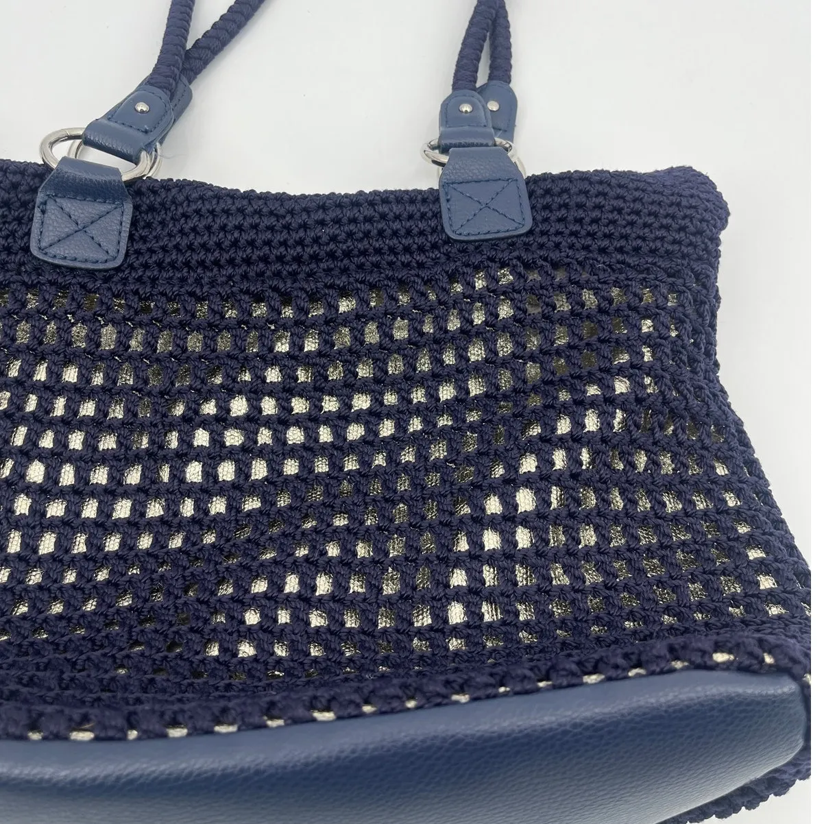 The Sak Crochet Navy Tote Bag Double Rope Handle Boho Preppy Gold Lined Purse - Image 4