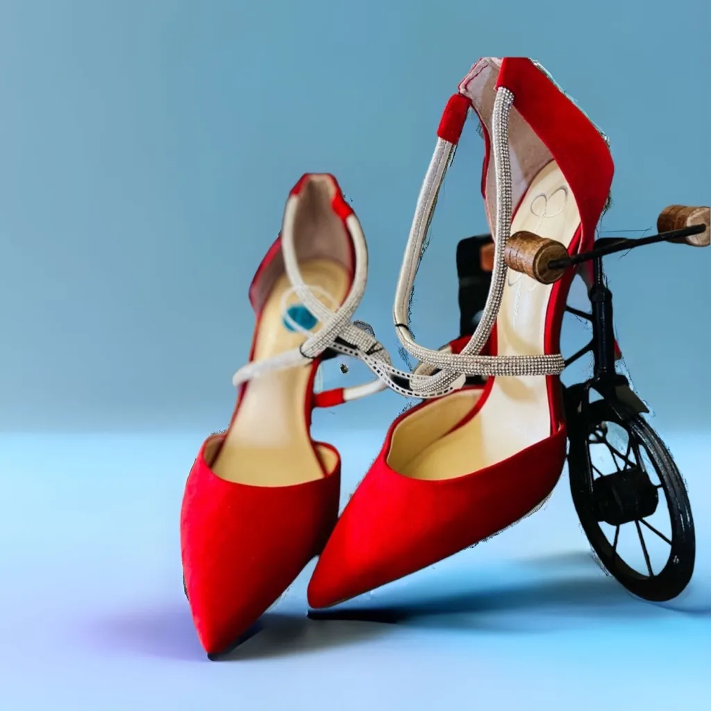 NEW JESSICA SIMPSON Rhinestone Glitter Pointed Toe Pump Festive Holiday Red 10 - Image 4