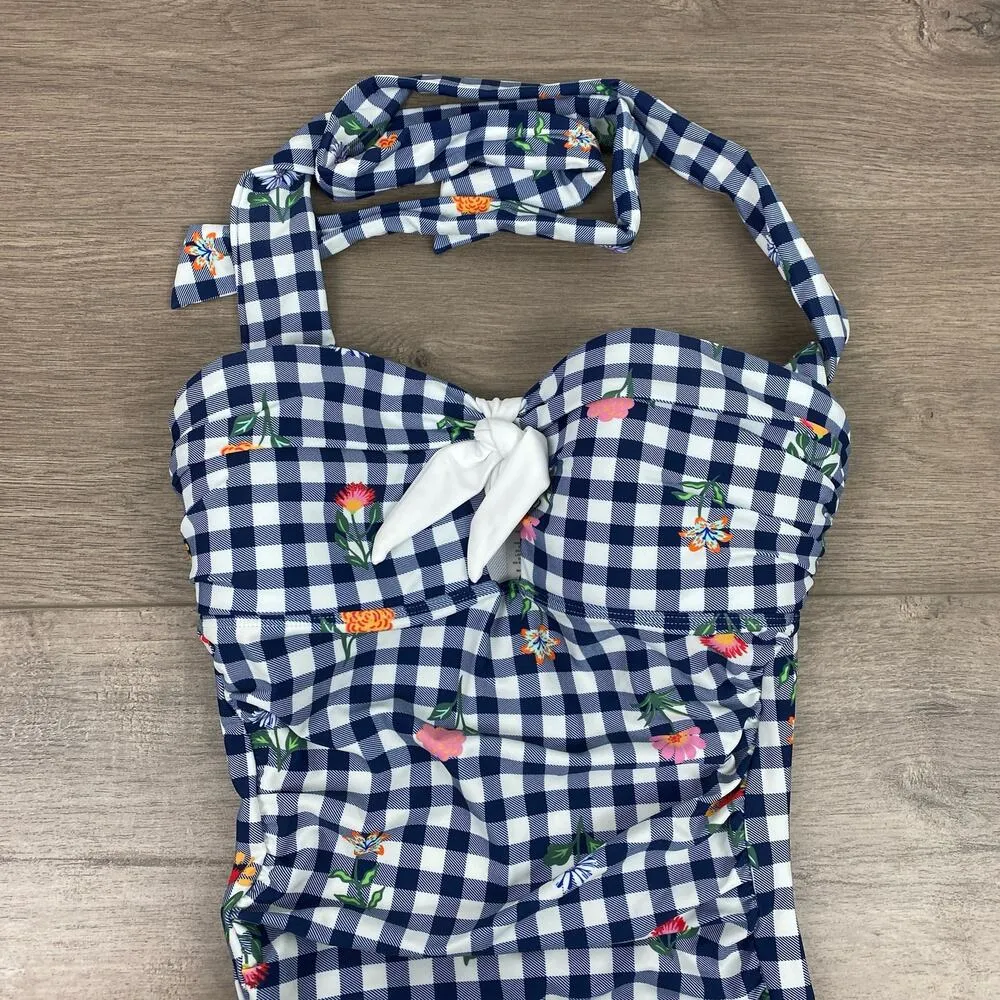Unique Vintage Navy Gingham Floral Halter Tie Romper Style Swimsuit Sz.S/4 NWT - Image 5