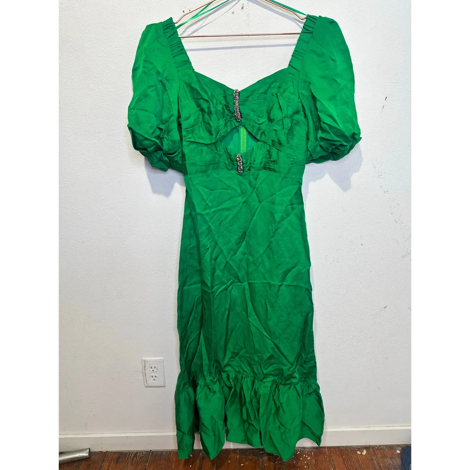 SANDRO Green Jewel Embellished Rhinestone Middle Cutout Puff Sleeve Dress sz 40 - Image 2