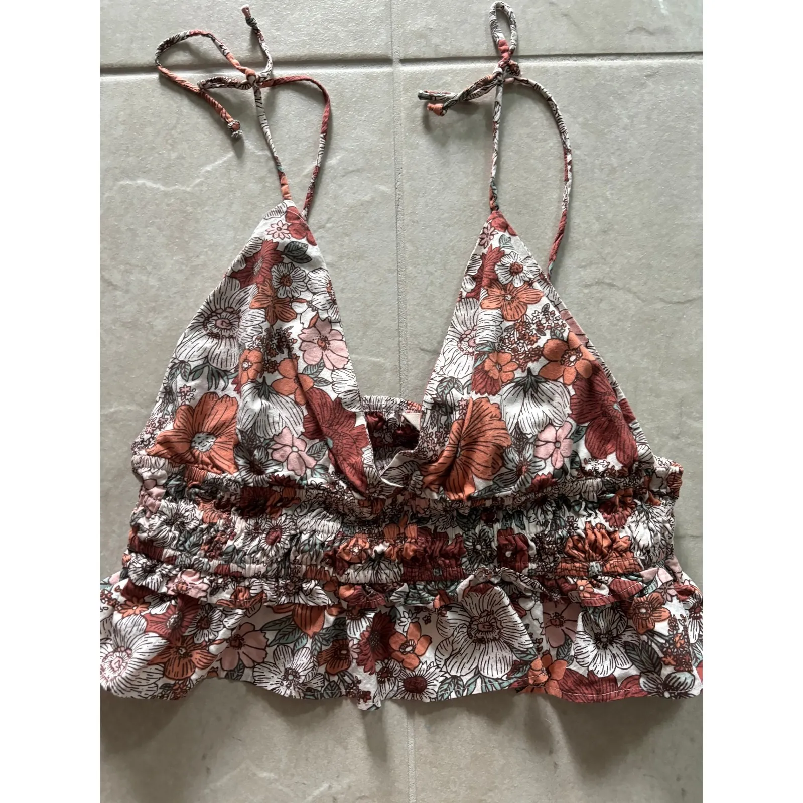 Sim & Sam Top Womens XL Pink Cropped Tie Festival‎ Floral Boho Beachy Tropical Red - Image 2