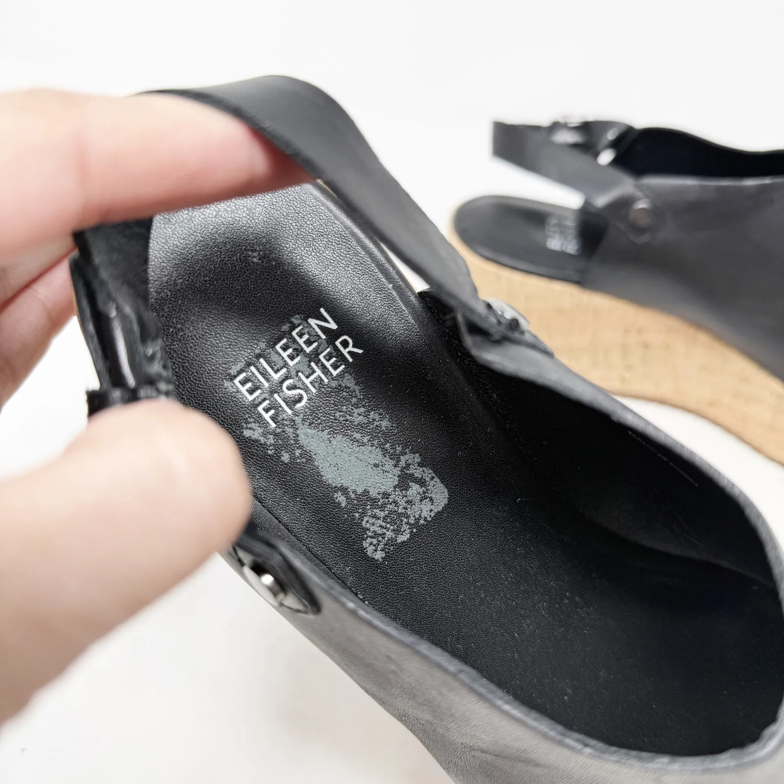 [Eileen Fisher] Black Leather Open Toe Ankle Strap Wedge Flatform Sandals Size 8 - Image 8