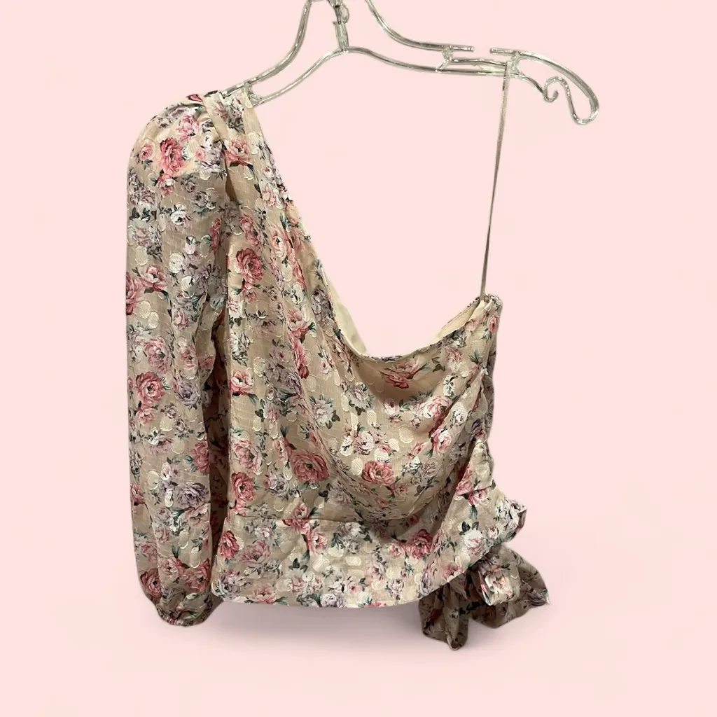 Cute creamy blush floral ruffle crop silky 1 shoulder crop top mermaid fairy - Image 10