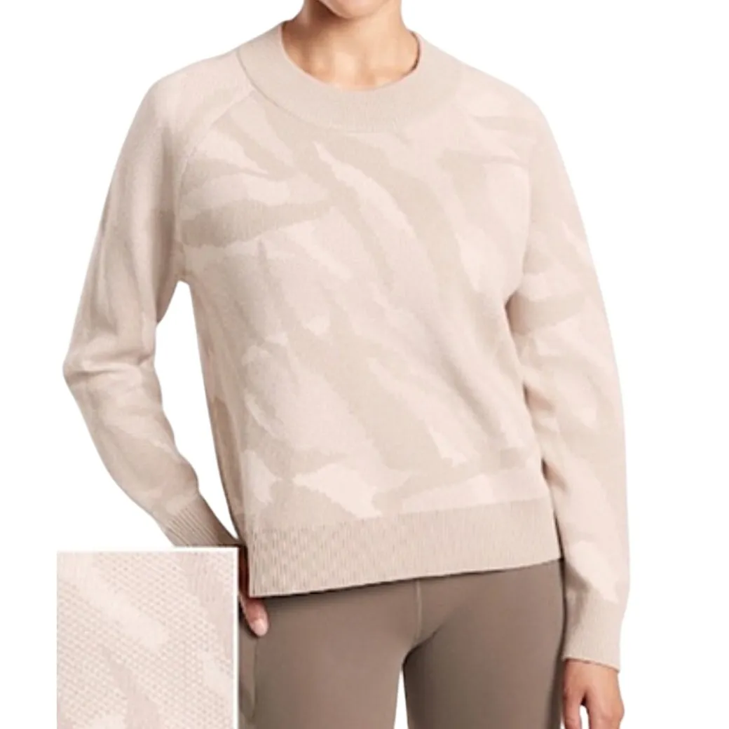 Athleta Tan Camo Camouflage Crew Neck Wool Blend Jacquard Pullover Sweater sz L - Image 2