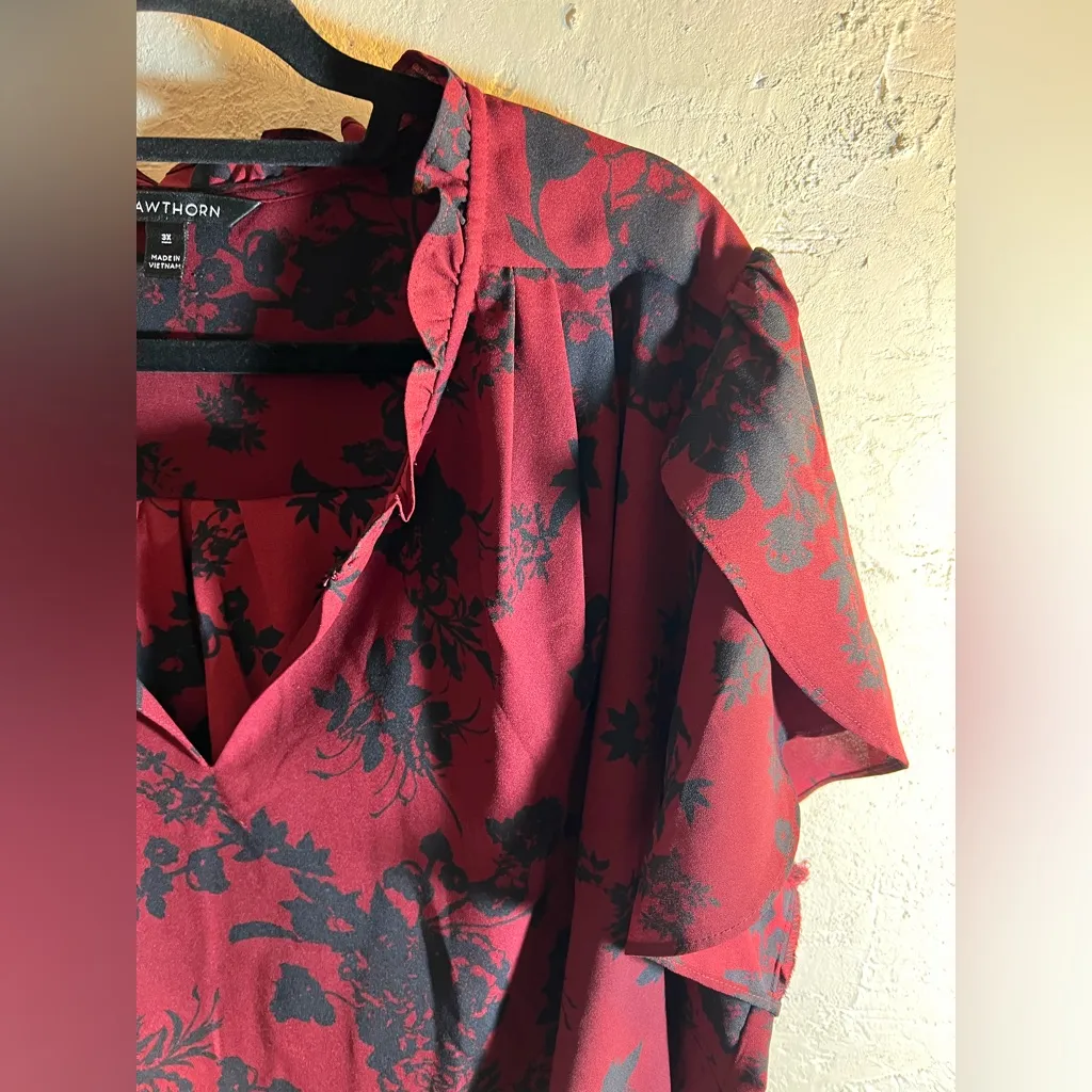 41 Hawthorn Burgundy Black Floral Blouse plus 3X business casual flutter vneck Red - Image 7