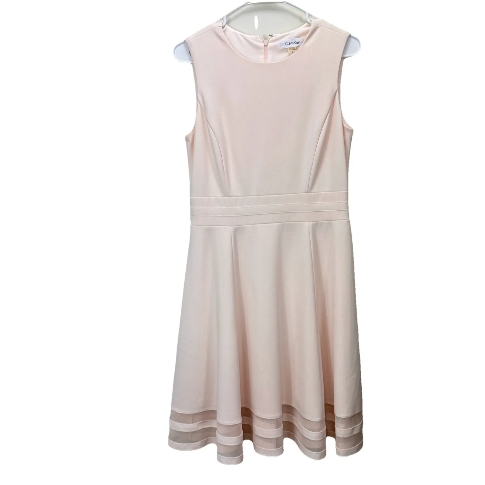 Calvin Klein Blush Pink Mesh Illusion‎ Hem Fit Flare Stretch Sleeveless Dress 14 - Image 3