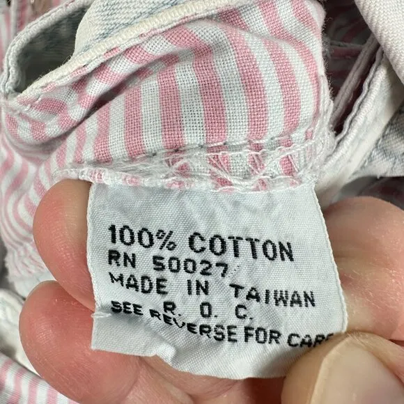 RIO Vintage 80s Denim One Piece Shortall Romper Acid‎ Washed Pink Striped Hem Blue - Image 2