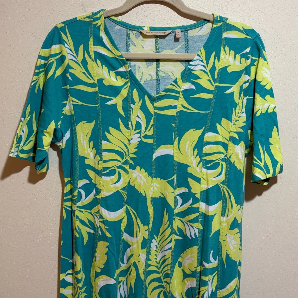 Soft Surroundings Palm Print Knit Maxi Dress Teal Green Tropical Size Medium - Image 8