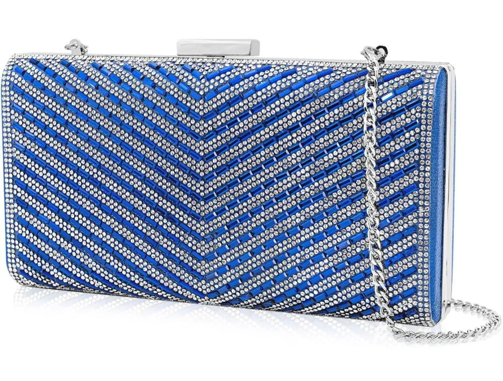 ⚡ Women's Sparkly Rhinestone Glitter Metal Clasp Chain Evening Blue Clutch Bag - Image 1