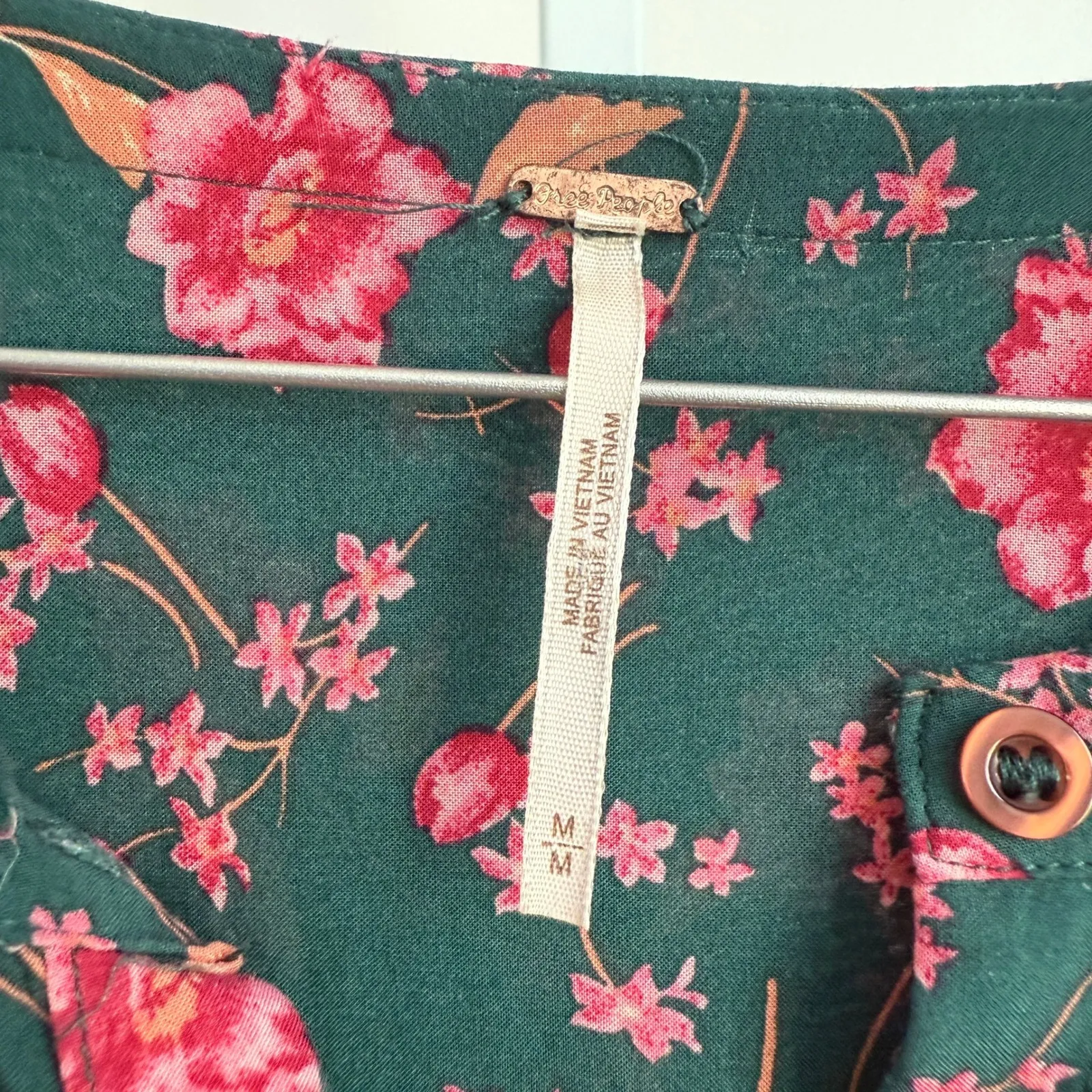 Free People Floral Mini Babydoll Dress Button Front‎ Long Sleeve Green Pink M - Image 7