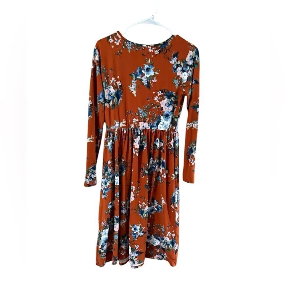 Neesee Boutique Dress Medium Burnt Orange Blue Floral - Image 3