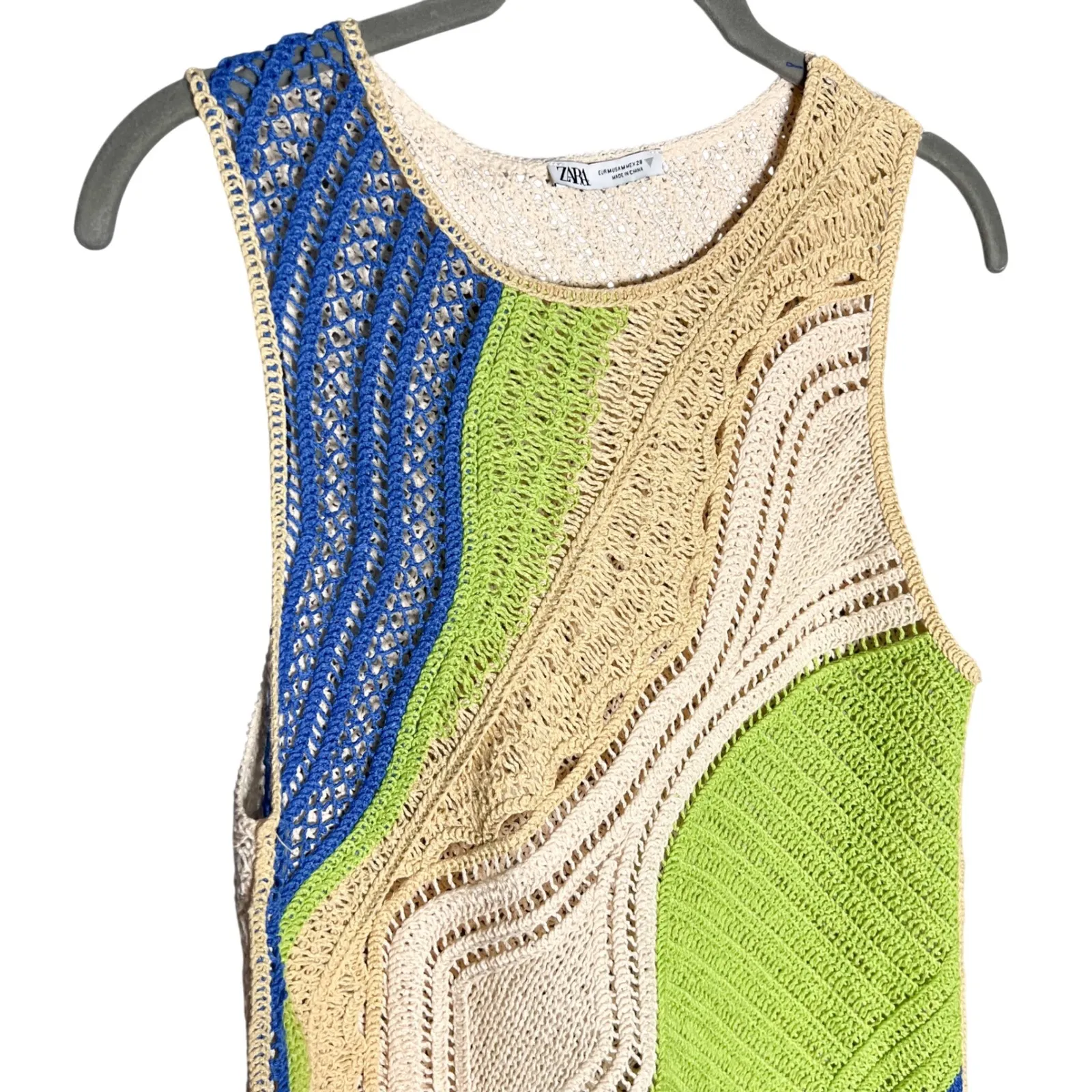 Zara Colorful Crochet Knit Dress Sz Medium Lime Green Blue Cream Sleeveless Mini - Image 5
