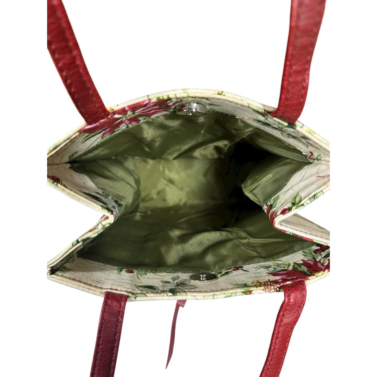 Longaberger Holiday Christmas Gift Bag Holly Berry Poinsettia Striped Fabric 9" Red - Image 6