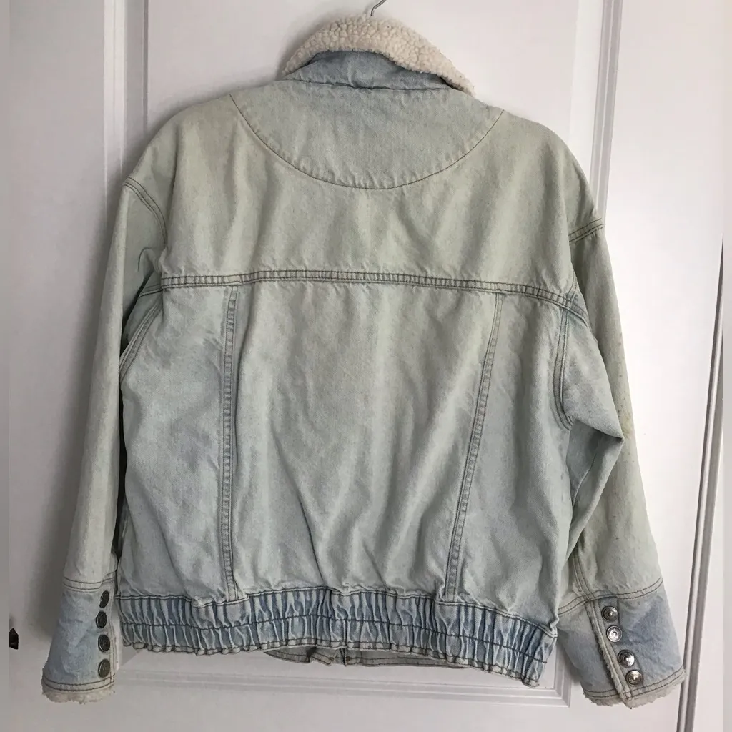 We The Free People Ariel Cozy Denim Bomber Jacket S Light Blue Barn Coat - Image 3