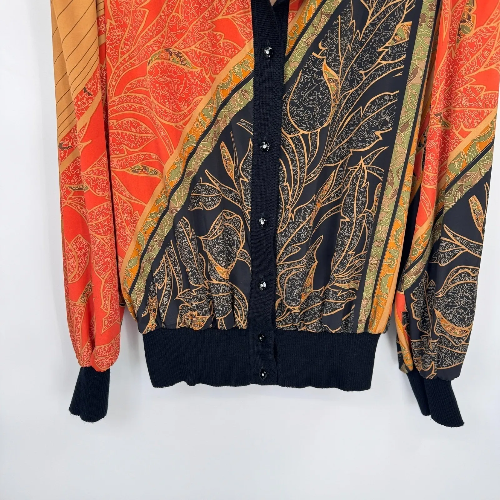 Vintage La Phia Collections Button Front Top Large Orange Polyester Asian Print - Image 3