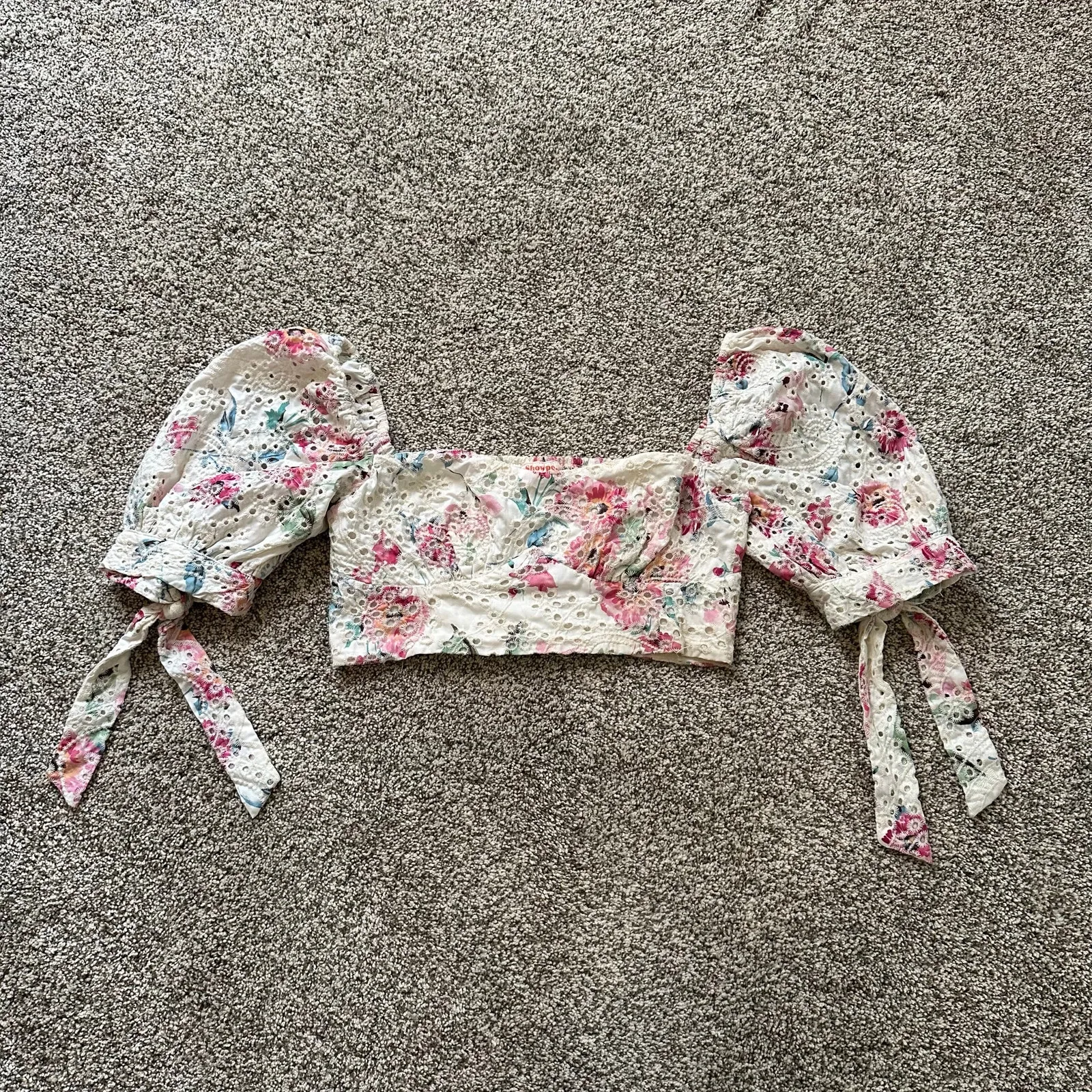 Showpo. cream floral eyelet off the shoulder crop top size 6 Pink - Image 5