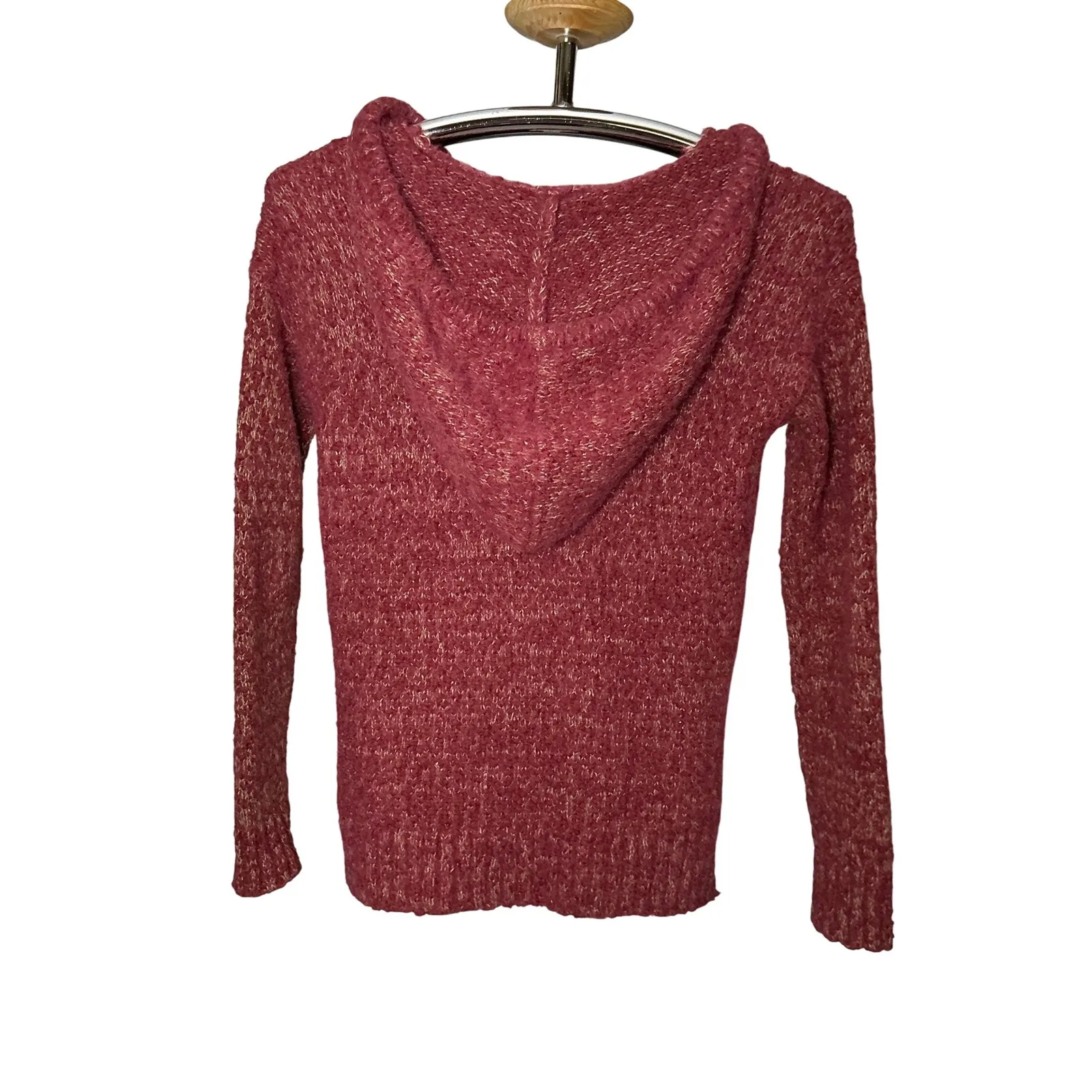 Hem & Thread Fuzzy Knit Hooded Sweater Womens S Pink Chenille Soft V-Neck Hoodie - Image 4