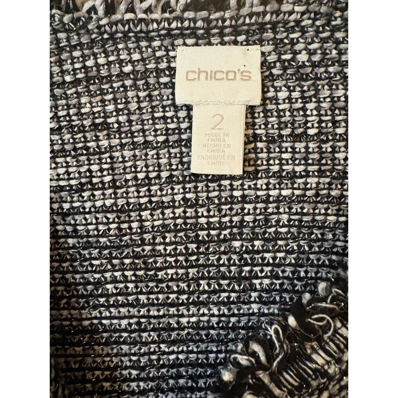 Chico's Shawna Cardigan Black and White Tweed with Fringe Detail Size 12 (2) - Image 3