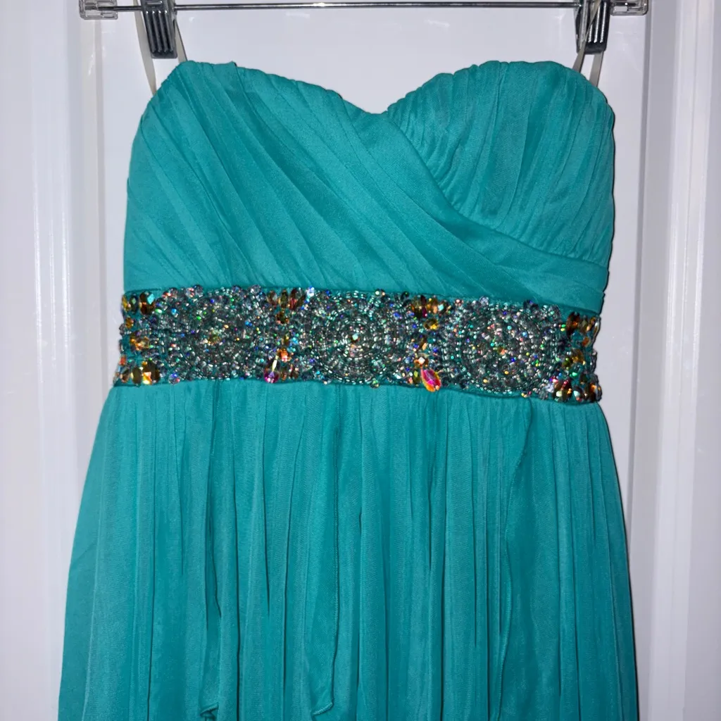 Sequin Hearts Teal Strapless Prom Dress Size: 5 - Image 3