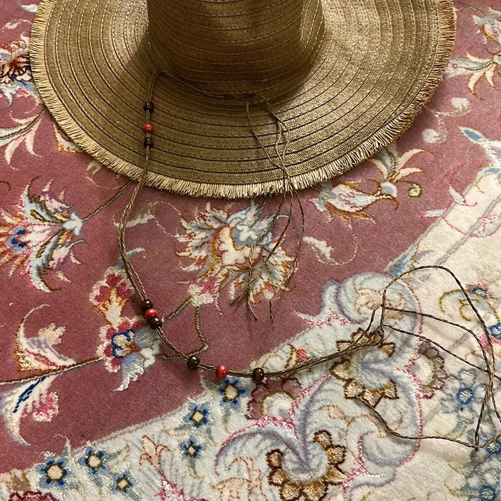 None Brown Floppy Straw Fringe Hat with Beads - Image 3