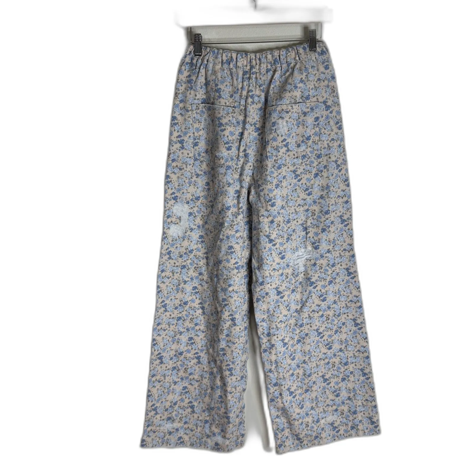 POL everyday edge pants Blue Floral Corduroy Wide Leg Distressed Elastic Waist S - Image 9