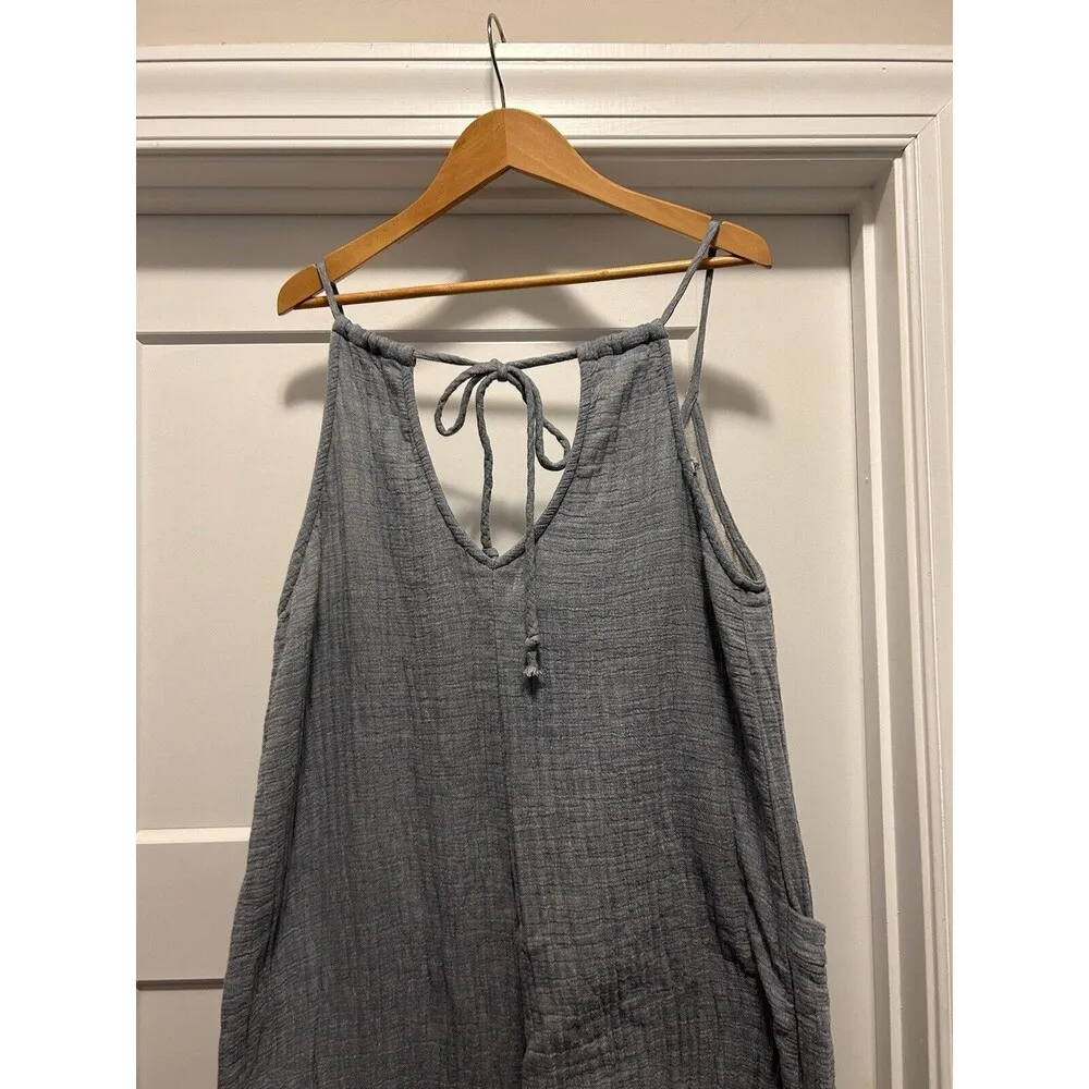 Women's Size Medium Spaghetti Strap Cropped Cotton Wide-Leg Jumpsuit Pockets - Image 2