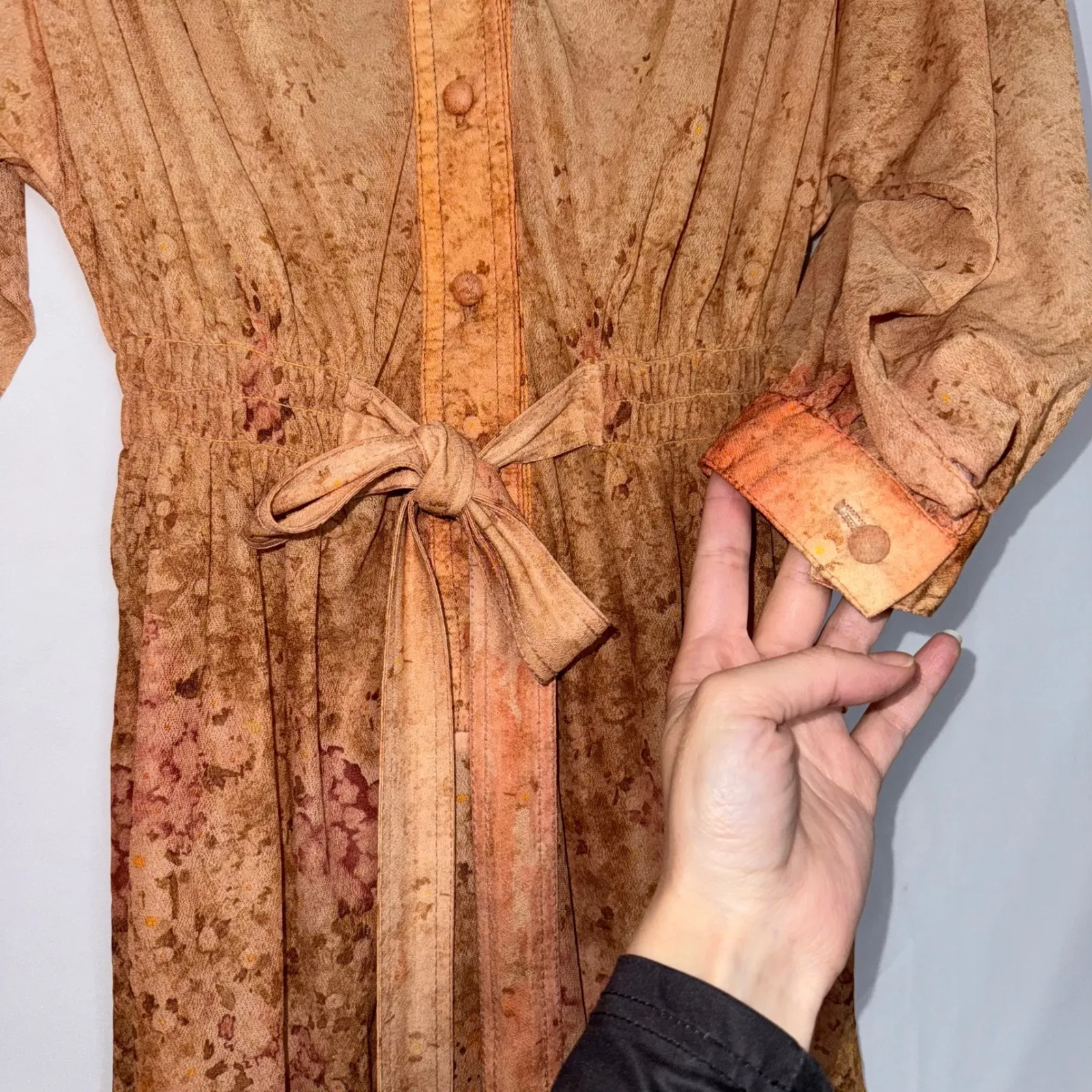 Vintage 1970s Leslie Fay Rustic Bronze Orange Bohemian Floral Midi Dress - Image 5