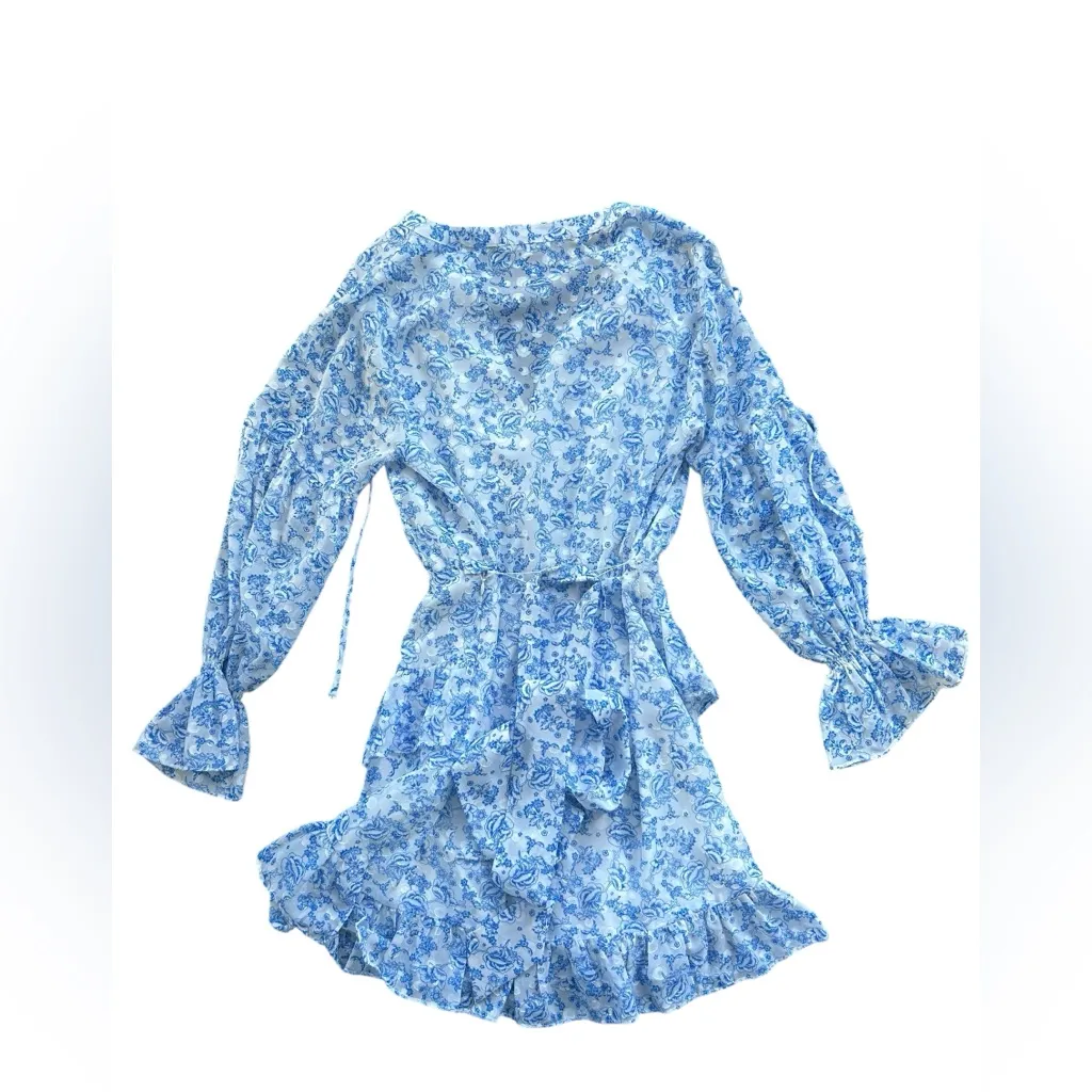 Tularosa Serafina Floral White Blue Long Sleeve Romantic Mini Dress Size Small - Image 10