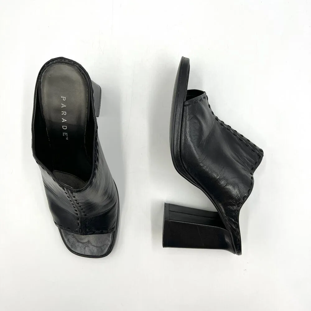 Vintage Parade Platform Mules Black Leather High Heels Square Peep Toe Size 10 - Image 3