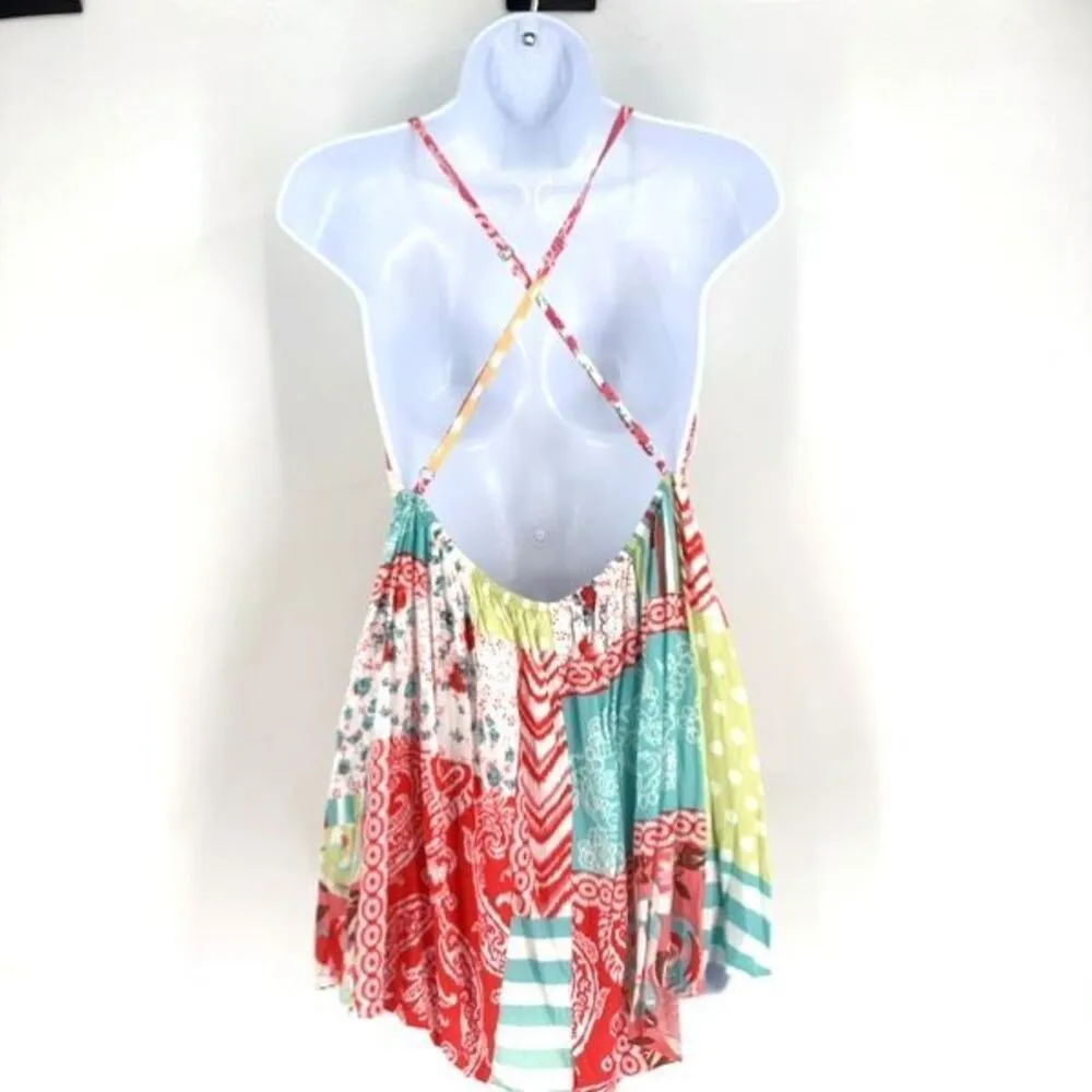 Angel Biba Patchwork Colorful Lace Trim Mini Sundress Size Small Open Back Boho - Image 2