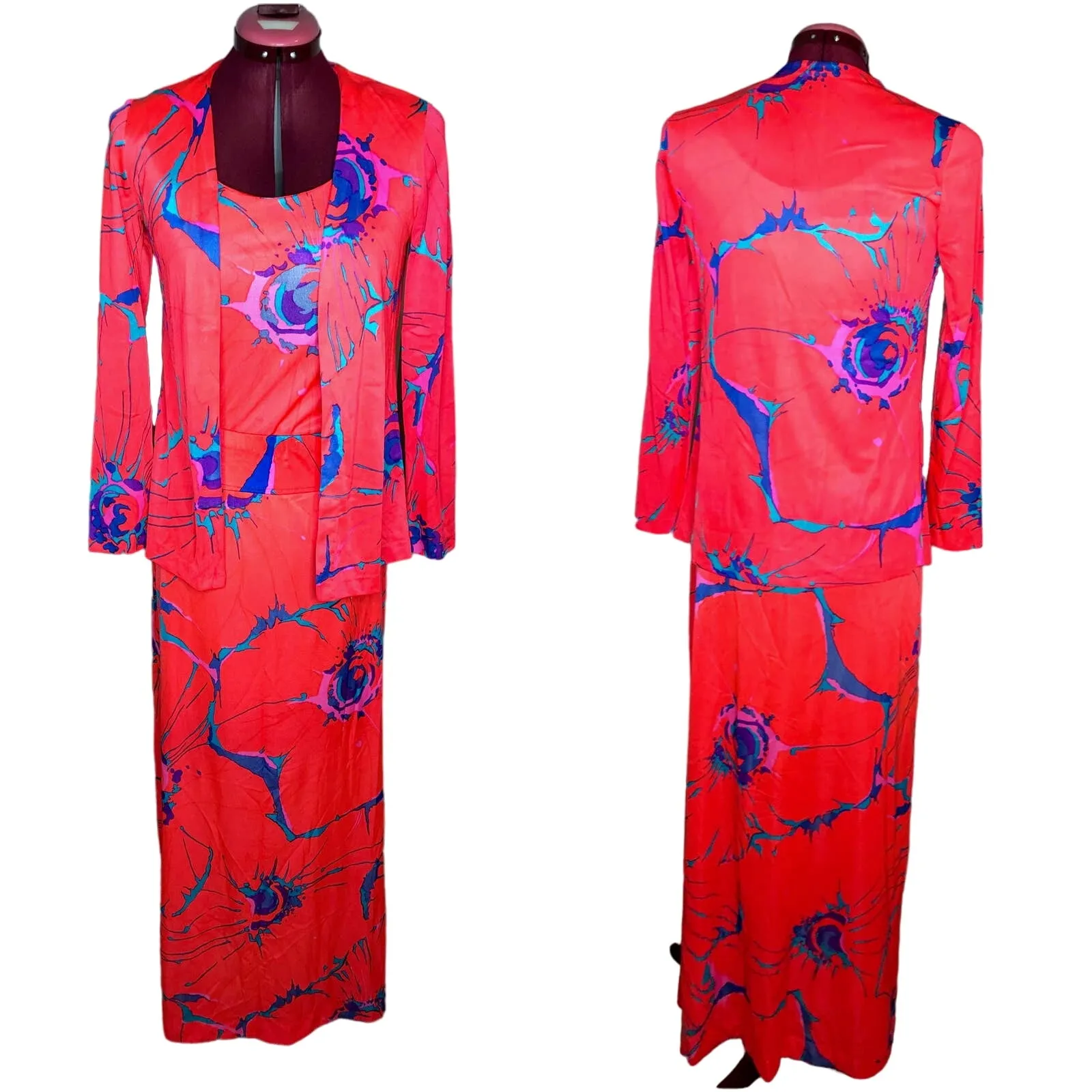 tank jacket maxi skirt set groovy nylon pink blue 1970s Size 8 - Image 2