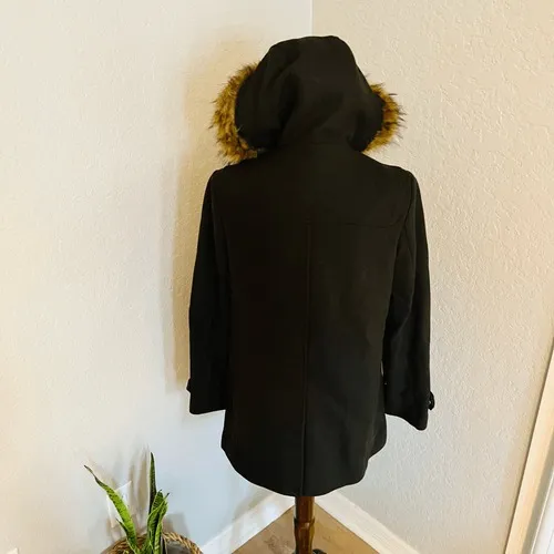 Cole Haan Wool Blend Faux Fur Trim Hooded Coat,‎ Brown, Size 4, NWT - Image 9