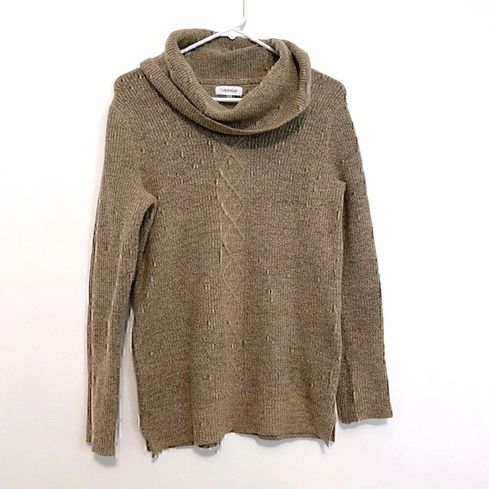 CALVIN KLEIN Beige Tan Black Chunky Knit Cable Knit Diamond Cowl Neck Sweater S - Image 3
