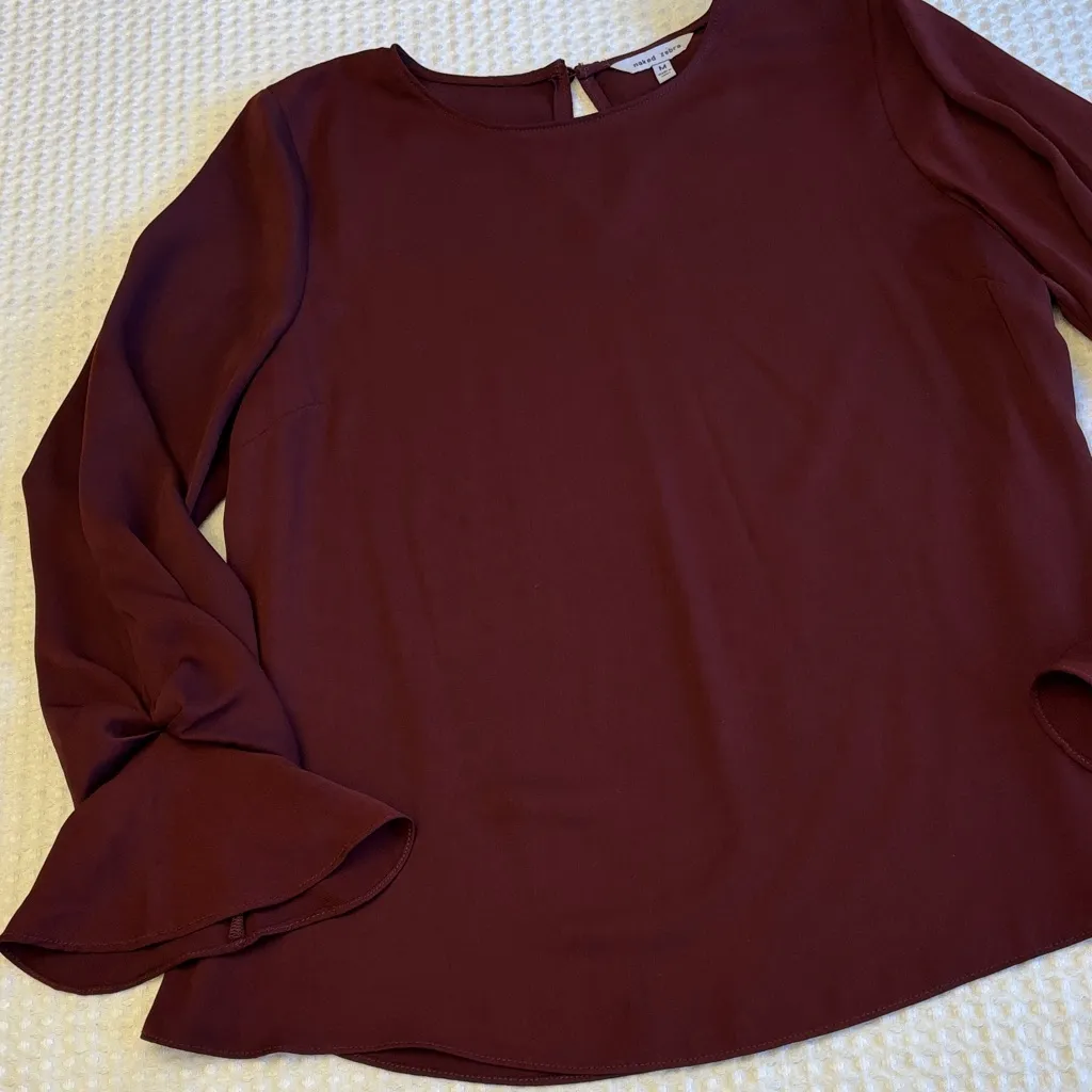 Naked Zebra M Burgundy Blouse Wine Red Round Jewel Neck Long Ruffle Sleeves - Image 3