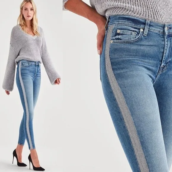 7 For All Mankind High Waist Ankle Skinny Jeans With Silver Shimmer Side Stripe - Image 2