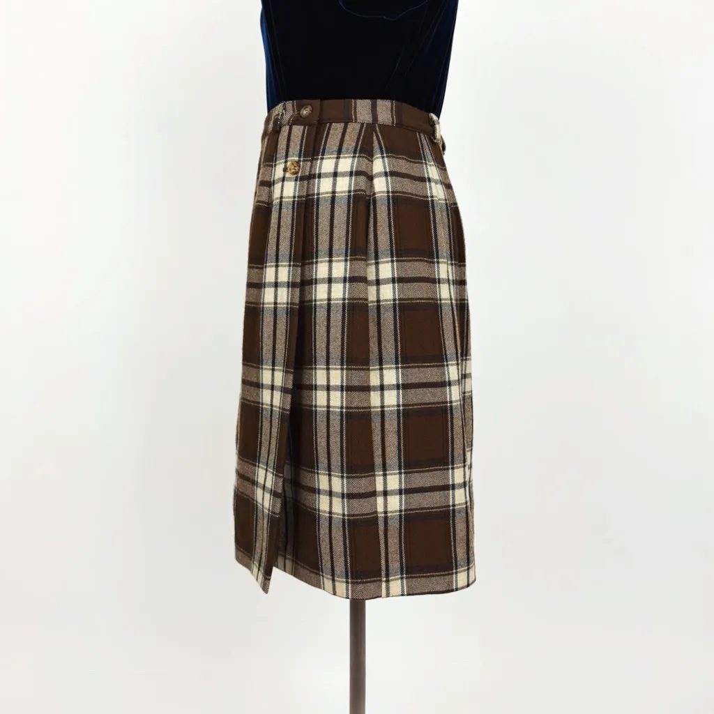 Vintage 90’s Pure Wool Plaid Wrap Pencil Skirt in Brown | Size S - Image 5
