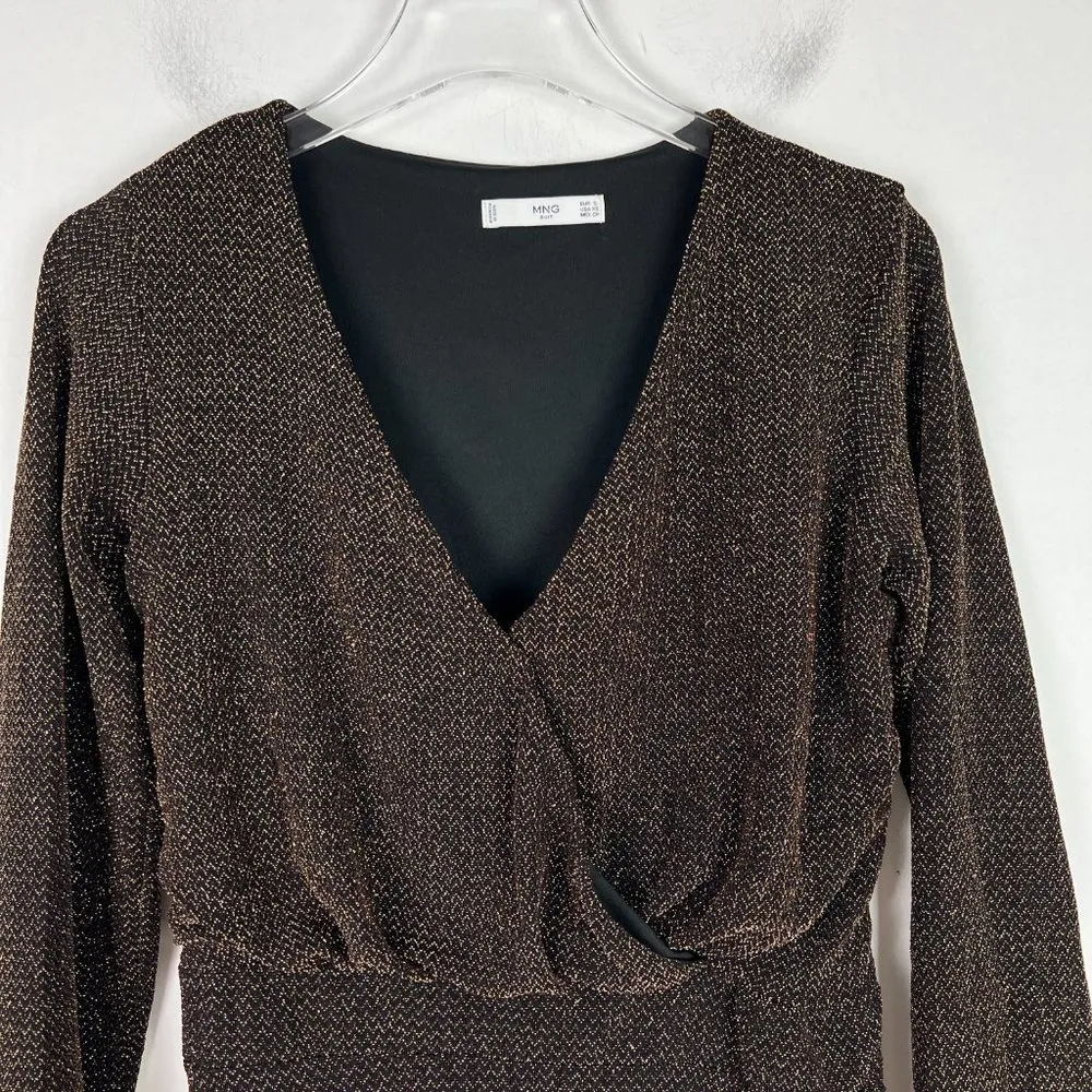 MNG Mango Metallic Gold Black Long Sleeve Mini Dress Size XS EUC W2572 - Image 3