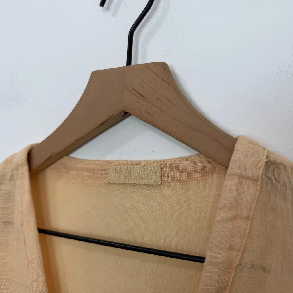 CP Shades Linen Blouse Womens Small Yellow Button Front Tie Neck Long Sleeve - Image 4