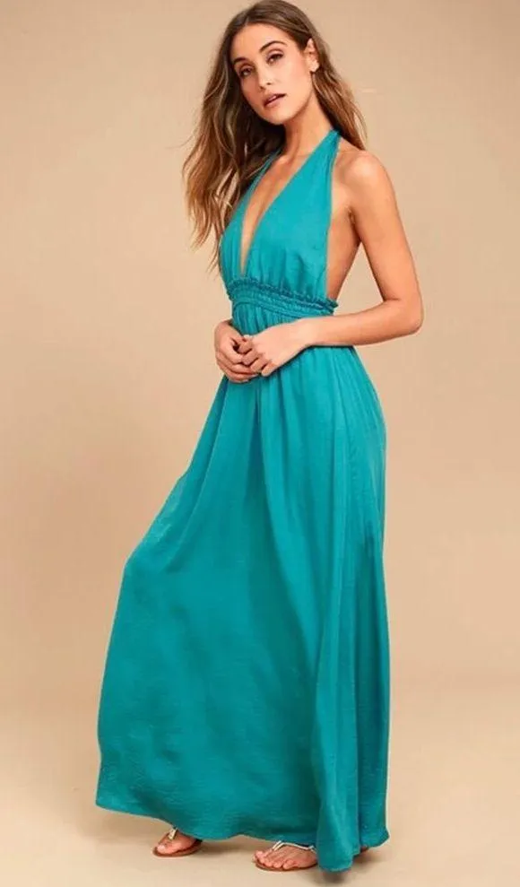 Lulus Unforgettable Night Maxi Dress XS Teal Blue Satin Halter Open Back Beach - Image 8
