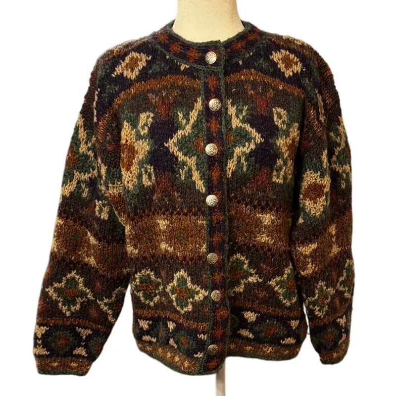 Icelandic Design Wool Cardigan Sweater L Nordic Fair Isle Button Front Lined Size L - Image 1