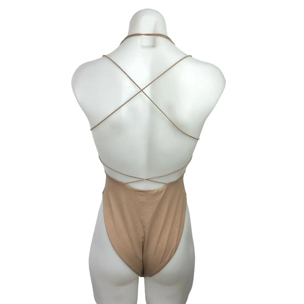 Tiger Mist Tan Brown Crew Neck Crisscross Back Strap One Piece Bodysuit Size XS - Image 2