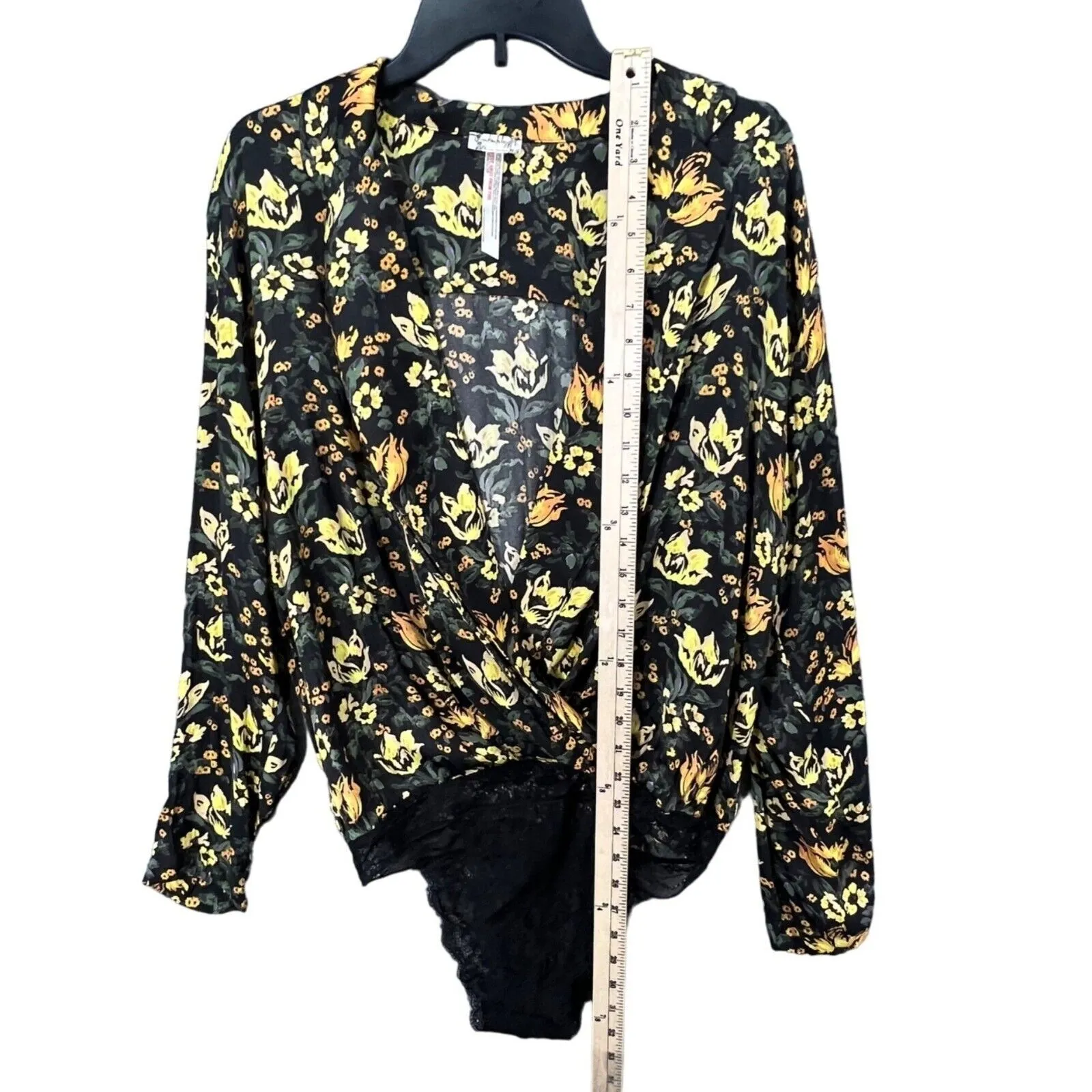 Free People Intimately Elsa Bodysuit Womens S Black Yellow Floral Boho Chic - Image 9