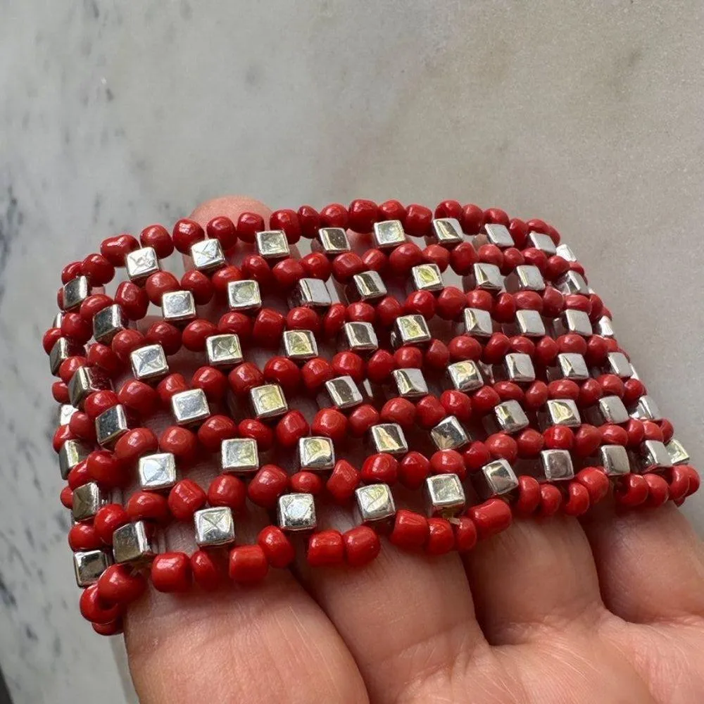 Coral Colored Beads and Silver Beaded Stretch Bracelet Multiple - Image 3