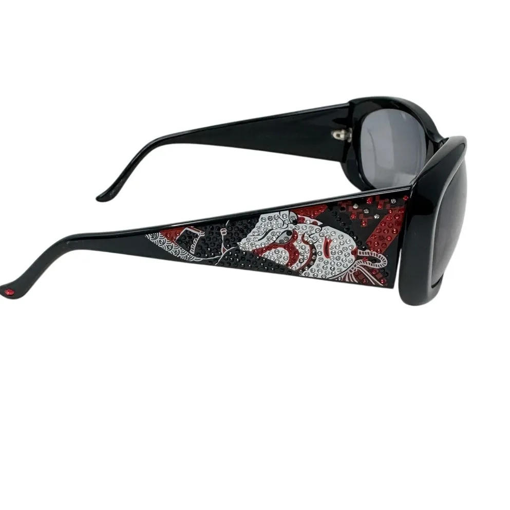 Judith Leiber vintage black red rhinestone Kabuki mask sunglasses w/ case - Image 5