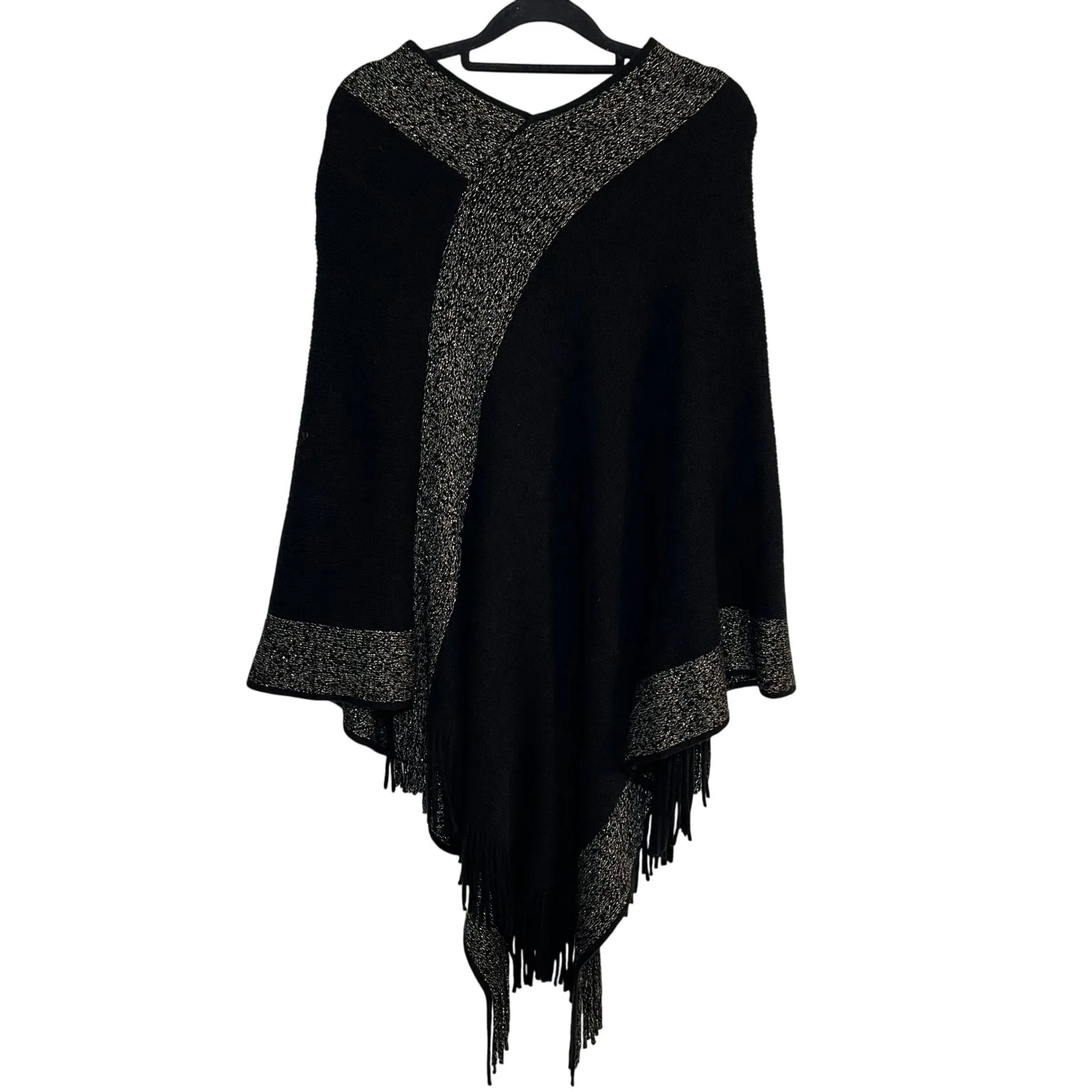 Cejon Y2K Black Poncho Cape Gold Metallic Fringe Boho Fall One Size Fits Most - Image 3