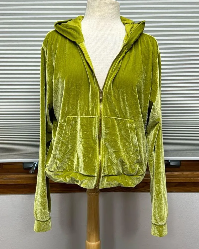 Fabletics Donna Golden Leaf Green Velour Hoodie Zip Up Track Jacket - Image 3