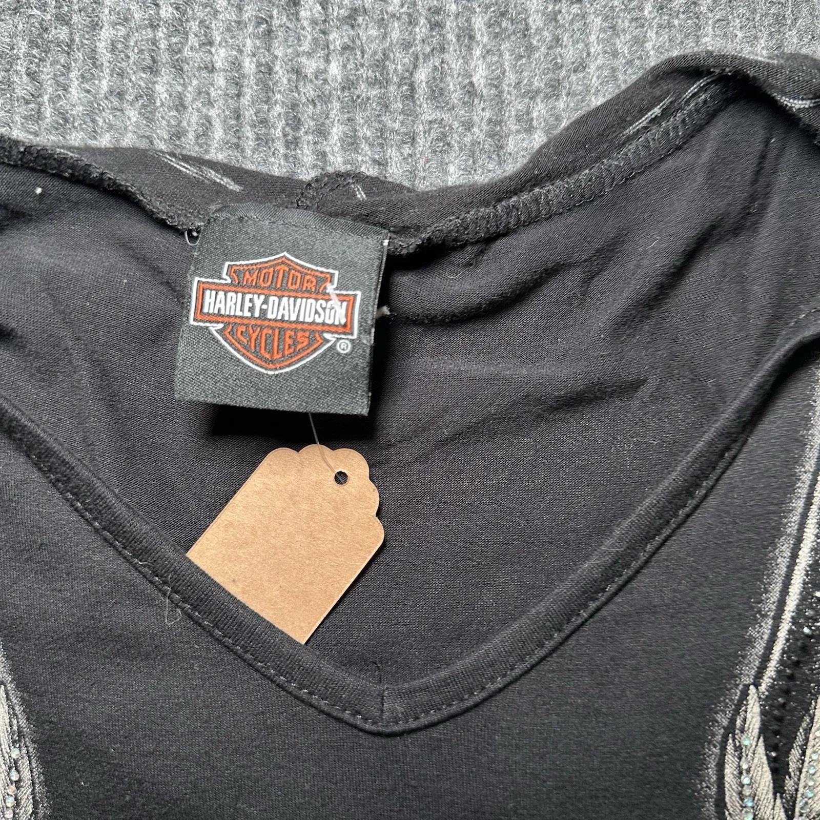 Y2K Harley‎ Davidson black and grey skull shirt with hoodie & Rhinestones Medium - Image 3