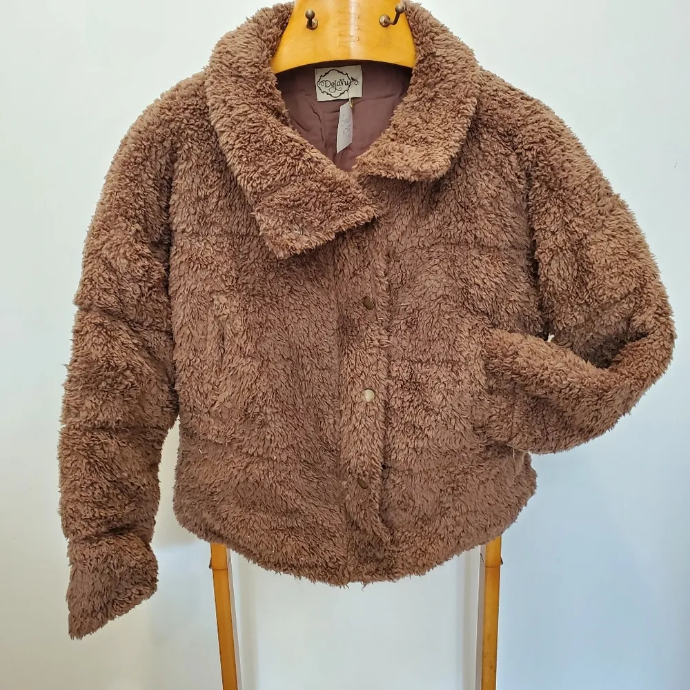DejaVu mocha brown Teddy coat small collared zip - Image 5