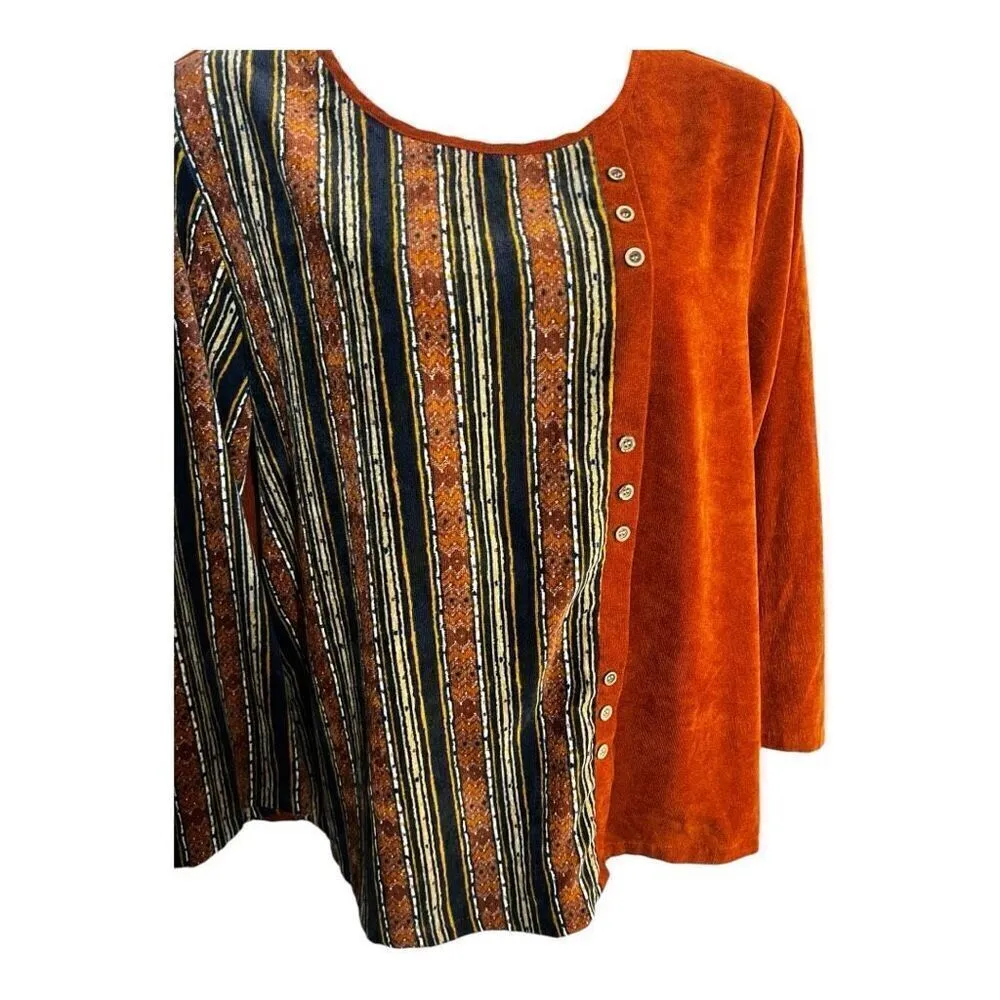Gracila Corduroy Orange Striped Tunic Long Sleeve Shirt Boho Women Plus Size 5XL - Image 3